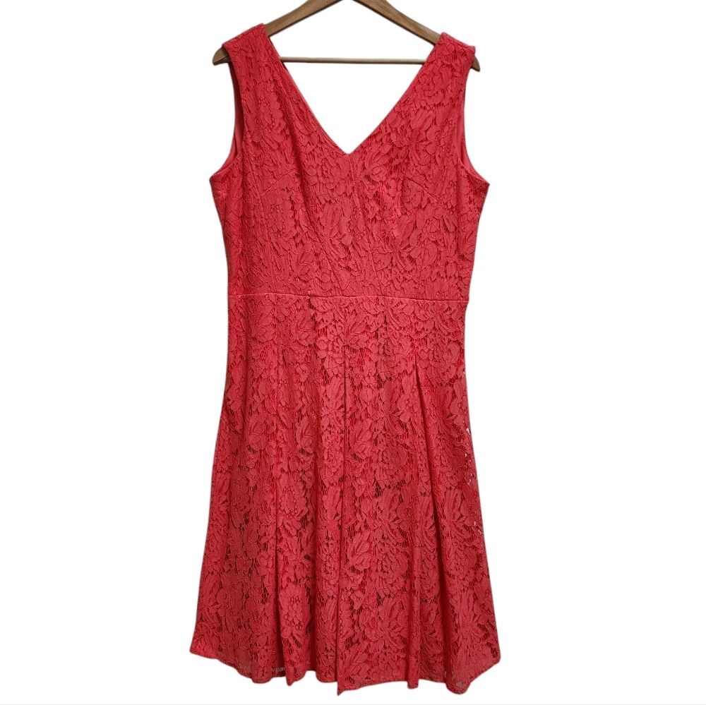 Leslie Fay Dress Womens 16 Coral Cotton Blend Floral Lace Sleeveless V Neck Zip